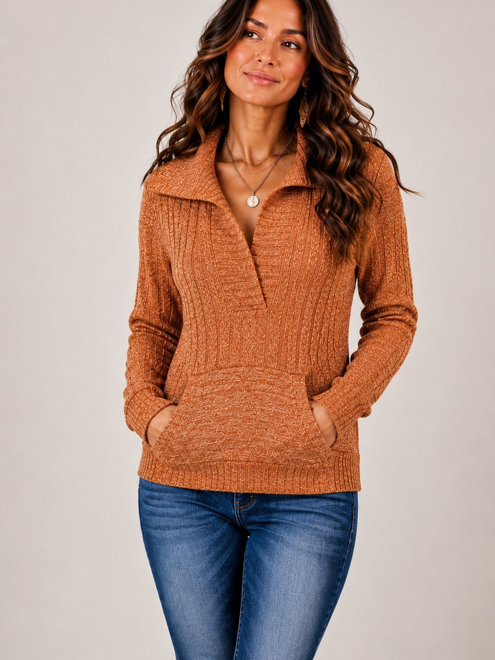 Duck Head Jeans Co Sz M Y2K Rust Orange Knit Sweater Cowl Shawl Collar Pockets